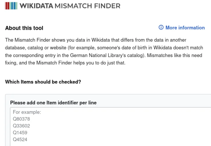 A screenshot of the Wikidata Mismatch Finder.