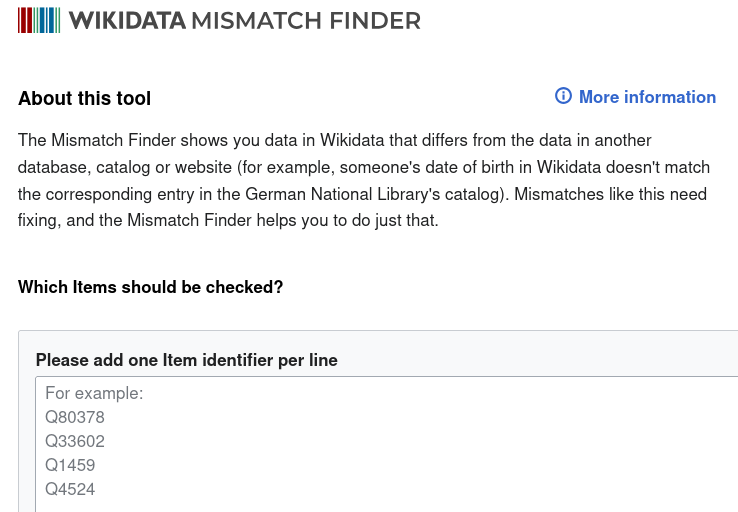 A screenshot of the Wikidata Mismatch Finder.