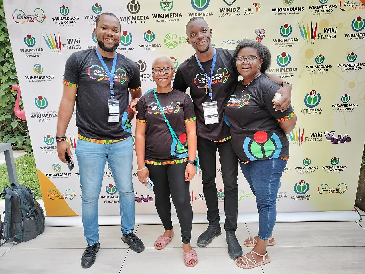 Left to right: Benedict Udeh, Tochi Precious Friday, Aristide Kouame and Clémentine Nyirahabihirwe at the Wikimedia Francophone convention in Abidjan, Côte d'Ivoire, 2023 (Aristidek5maya, CC BY-SA 4.0, via Wikimedia Commons)