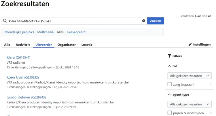 An example of the search results produced by the Faceted Search extension. At the top, a text field shows the search term "Klara" and further faceted-search syntax. Below that is a long list of search results.