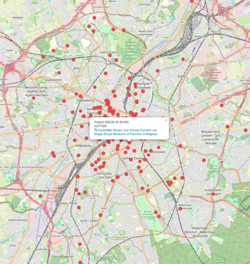 A map of Brussels wih points showing cultural venues and organizations. A dlialog box is popped open over an example point, showing details.