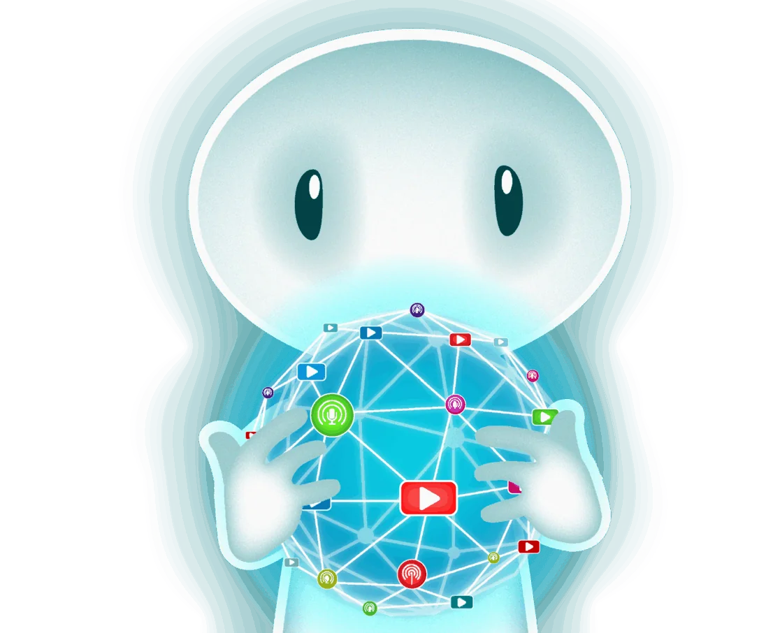A cartoon person holding a stylized orb representing the WissKomm Wiki and looking at it with wonder.